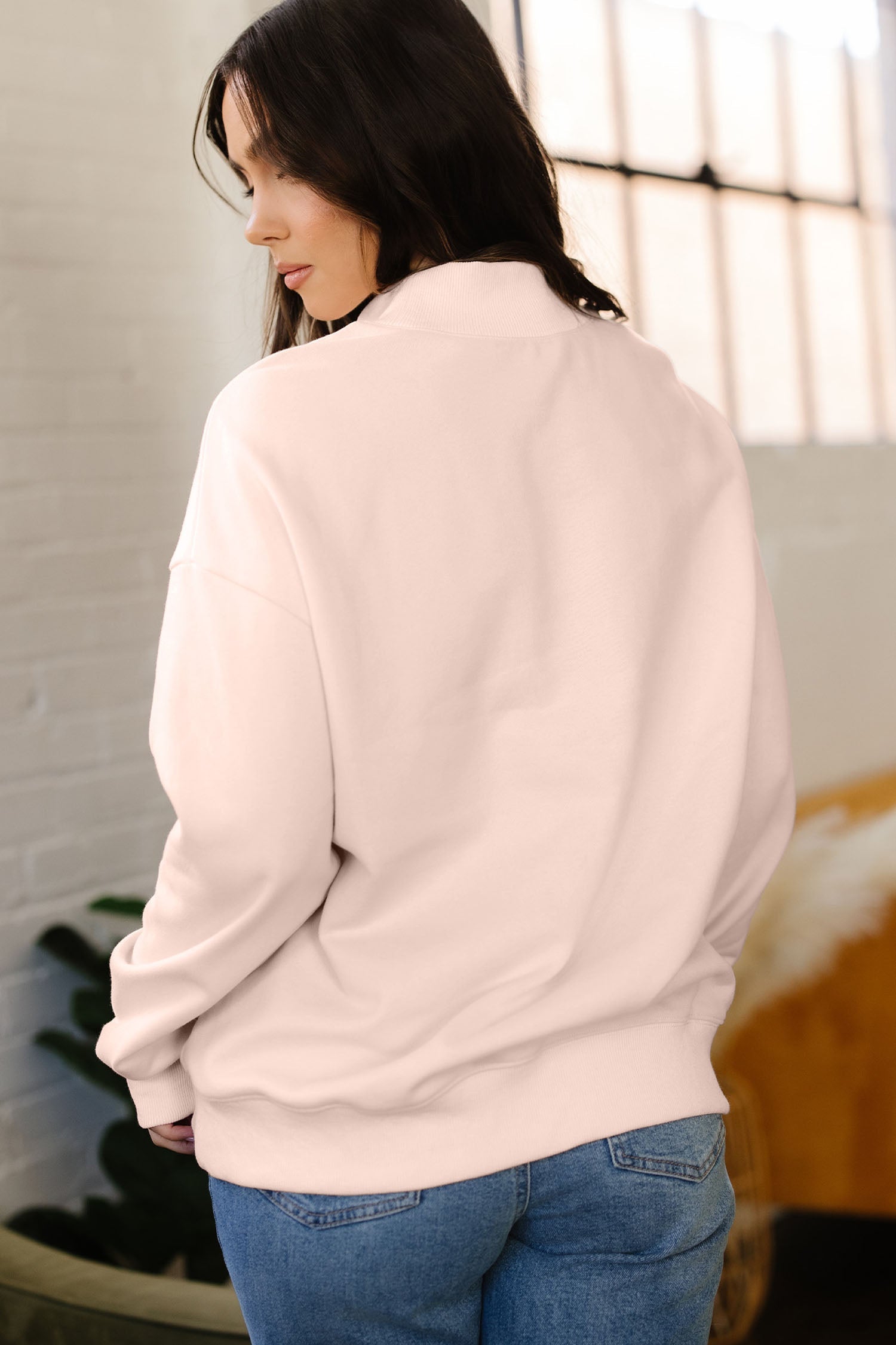 Apricot Pink TEXAS Letter Printed Mock Neck Baggy Sweatshirt