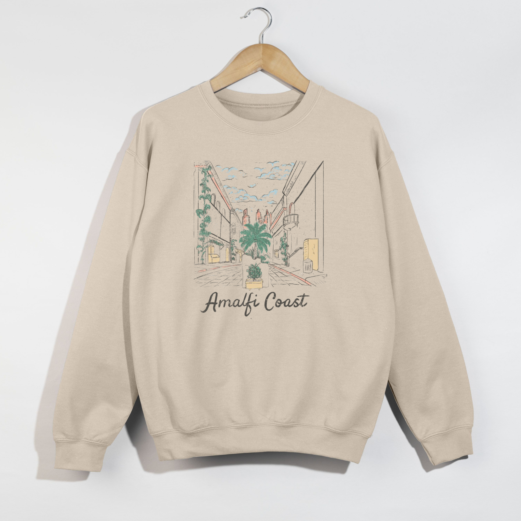 Amalfi Coast Crewneck Sweatshirt – Vintage Coastal Illustration Pullover