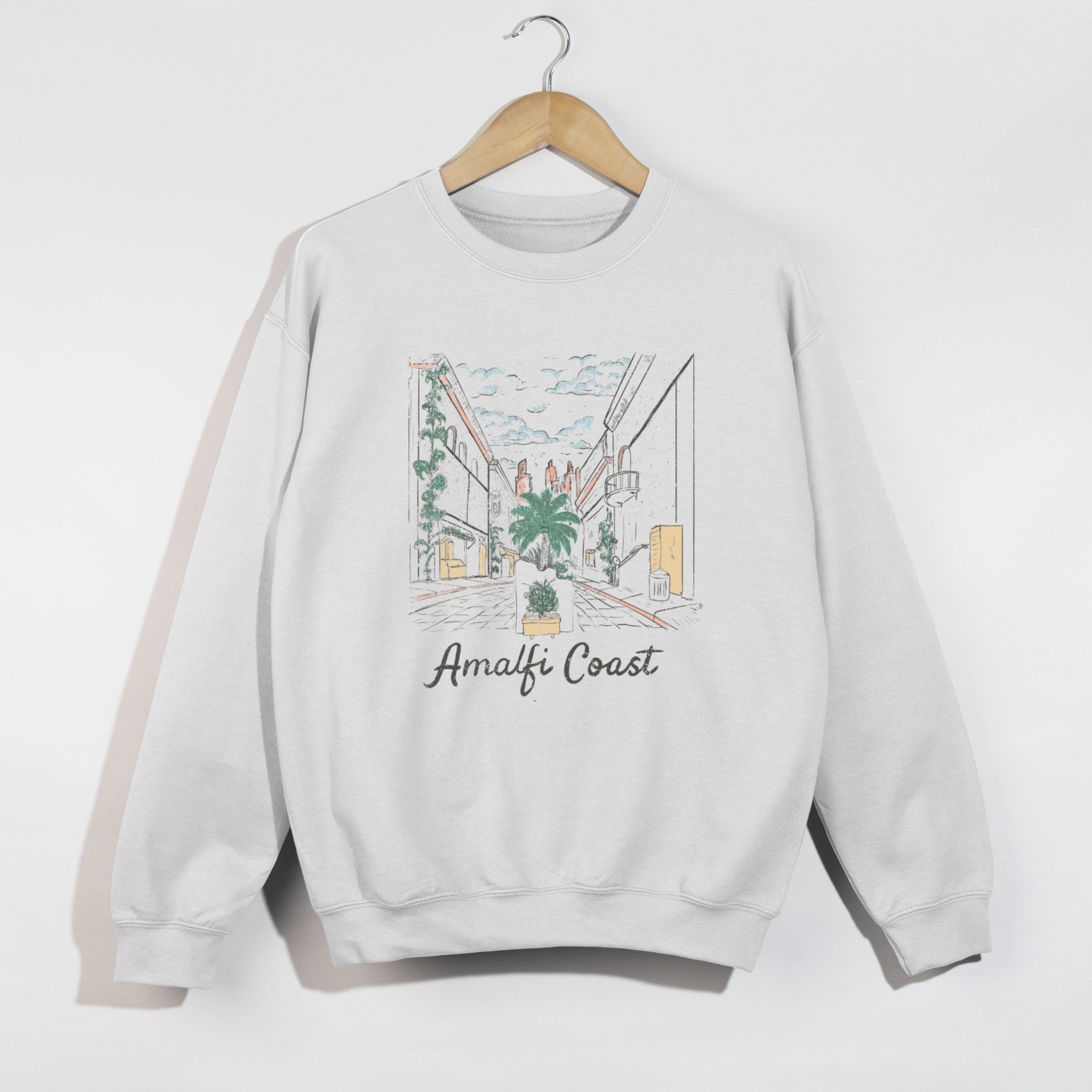 Amalfi Coast Crewneck Sweatshirt – Vintage Coastal Illustration Pullover