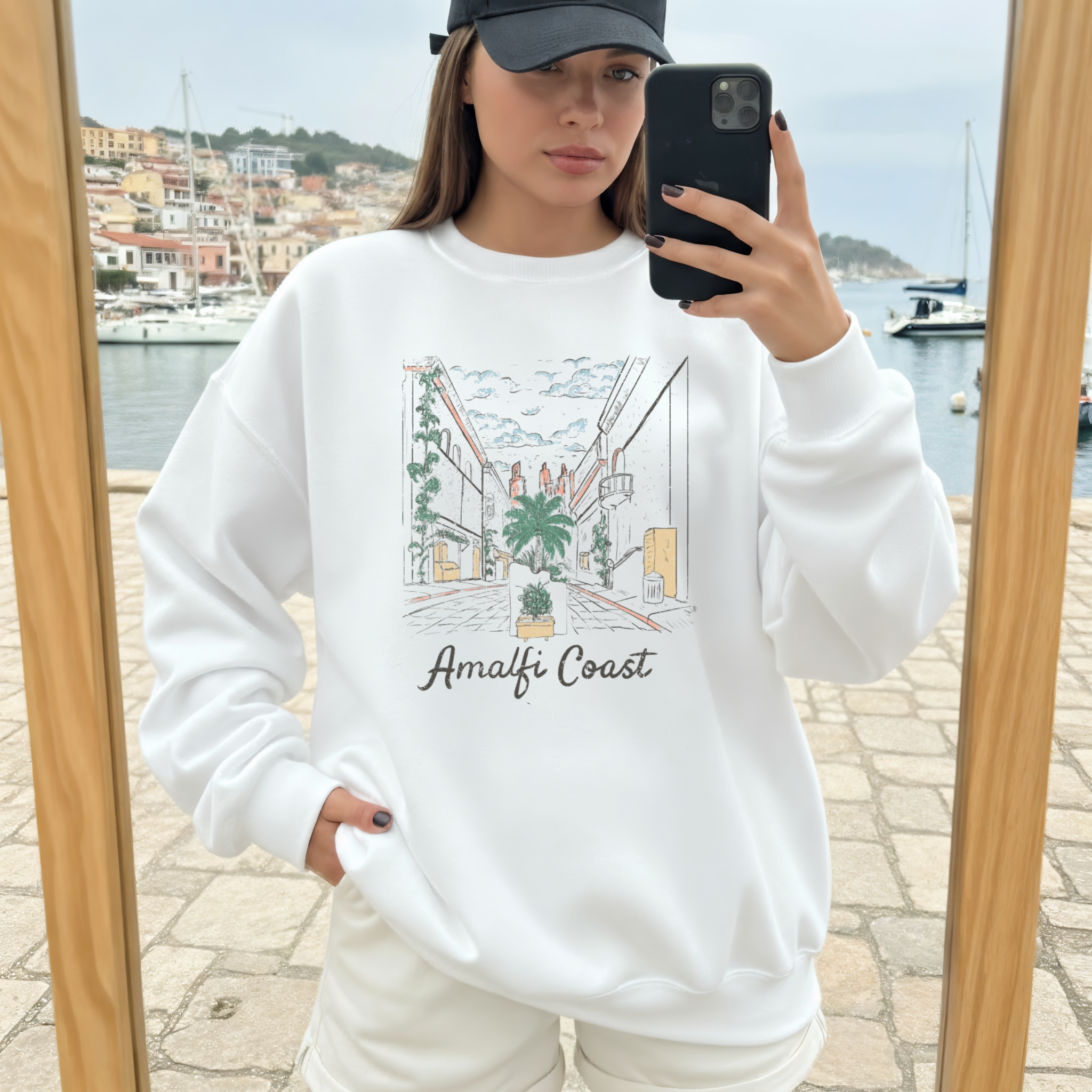 Amalfi Coast Crewneck Sweatshirt – Vintage Coastal Illustration Pullover
